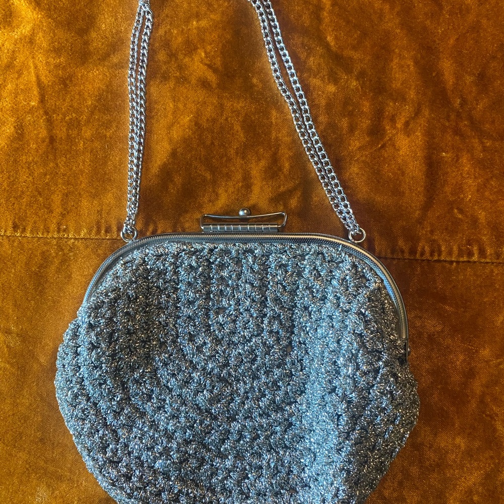 Silver Crochet Chain-Handle Evening Bag